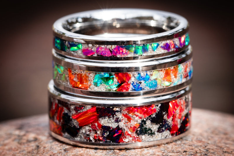 Top peacock and plum purple, middle rainbow, bottom red and black.