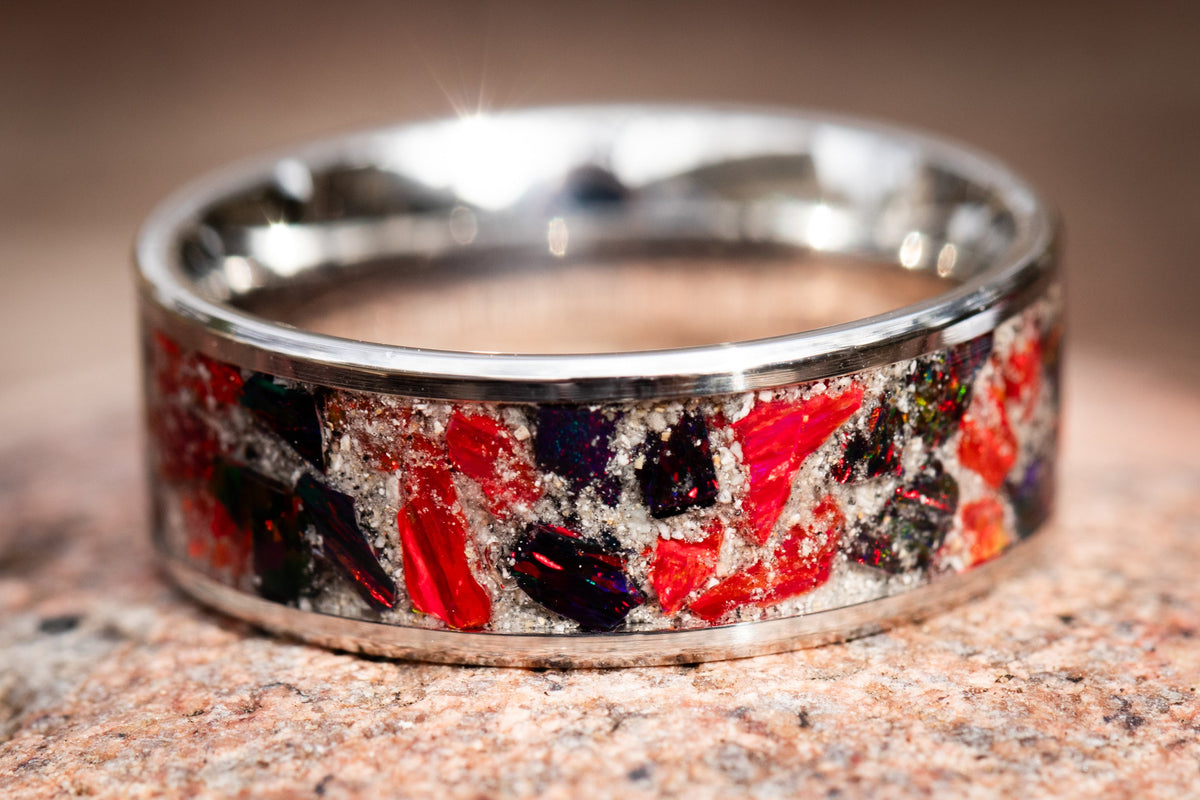 stainless steel ring with cremation ash in red and black